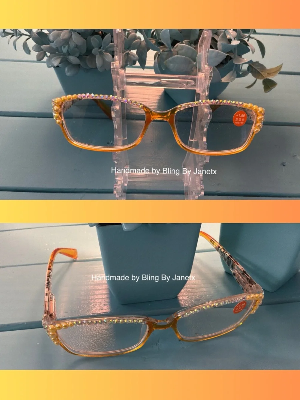 Handmade Crystal-Embellished Reading (+1.50) Glasses - Yellow
